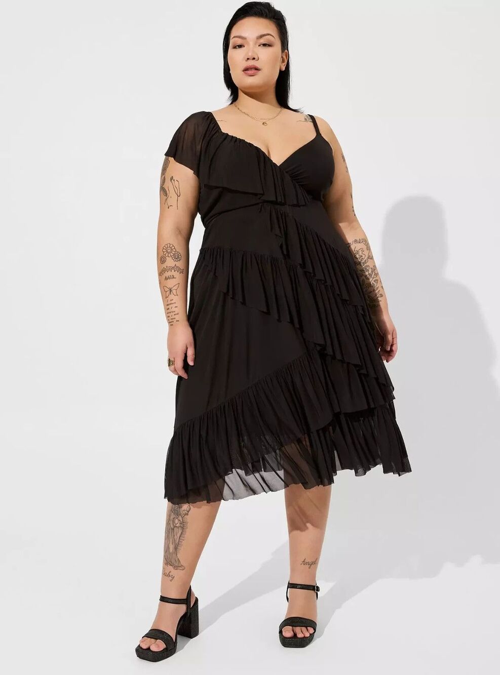 Torrid Midi Mesh Ruffle Black Surplice Dress romantic emo Plus Size 2 2x BY